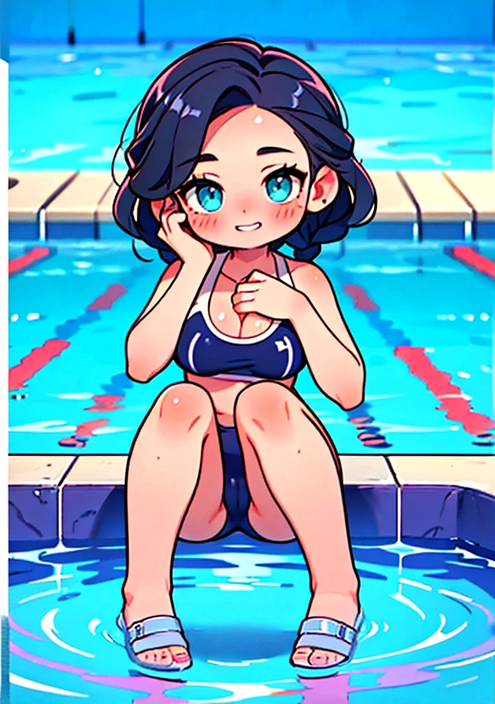 Marinette Dupain Cheng 14 years old little girls wearing an adjustable one-piece swimsuit at the school swimming pool in Paris France blue hair two ponytails, Full Body, CmptSwm