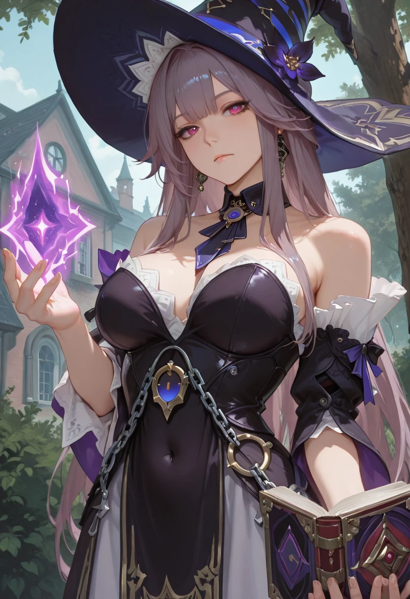 A beautiful anime girl wearing a wizard’s hat and holding an apple stands in front of a bar. This high-quality, detailed illustration features a dark witch with provocative vibes. Her silver hair is intricately woven into loose braids, and her detailed face includes long eyelashes and beautiful lips. The dynamic pose, dramatic lighting, and vibrant colors create a fantasy atmosphere, evoking magic and enchantment.Short bangs, Character profile, 