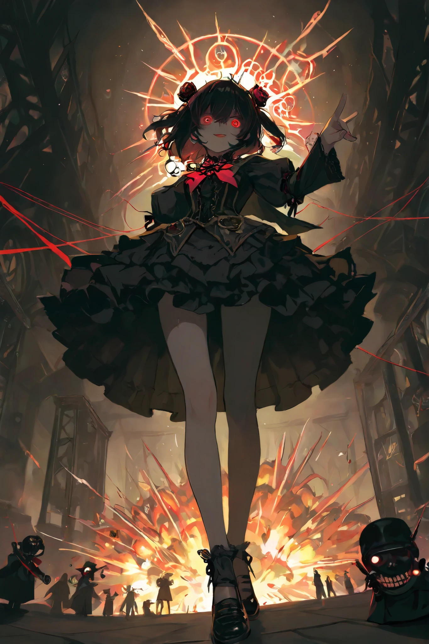 masterpiece, best quality,1 puppet master
,1 puppet
,best quality,heroic pose,dynamic angle,with epic effect, high angle shot,like CCTV footage,dark burst of effects radiating from the center, outward flow of magic or particles, dynamic spread from core,dark visual explosion of clash,dark waves expanding from a central point, face clearly visible, character illuminated from within, string puppet,horror, Japanese theater stage, dramatic lighting, fantasy and steampunk fusion, intricate costume design, dark gothic background, spotlight on the puppet, the puppet standing in the foreground,the puppet master is old human