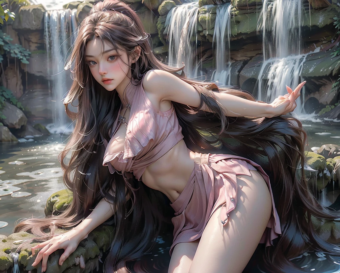 loose outfit、Show shoulders、Silver String Dresses、How to wear a silver gown、Decorated with intricate patterns and bright colors、Transparent material that makes the skin shine、Artistic depiction of seductive woman in gown with wet thin cloth and transparent skin, Floral and fantastic pattern with flowing silky traditional see-through skin。Her dress draped elegantly around her curvaceous figure、Emphasizes her charming silhouette。She's a gentle fireworks night、Dynamic Posing、Sexy Posing、bathed in the soft glow of moonlight。The scene is、With a hint of mystery and sensuality、It exudes an ethereal dreamy atmosphere。The image style is、It incorporates a blend of watercolor and digital illustration techniques.、It makes you feel delicate beauty and charm。Soft moonlit lighting、Cast gentle highlights and shadows on her mesmerizing features。Dynamic Posing、Bold poses、The hand is somewhere、see -through、show through、A sexy、Wet hair、Wet、（cherry trees、flower petals、cherryblossom、The cherry tree、Sakura Snowstorm 1.5）、buried、Transparent skin、Wet clothes、（Chest 1.2）、Navel Ejection、Swaying in the wind、Burgundy、pale red、（Slouch 1.5）、Lace color、lace choker、a choker、Lie on your back on the surface of the water、Hair spreads a lot、Hair spreading in the wind