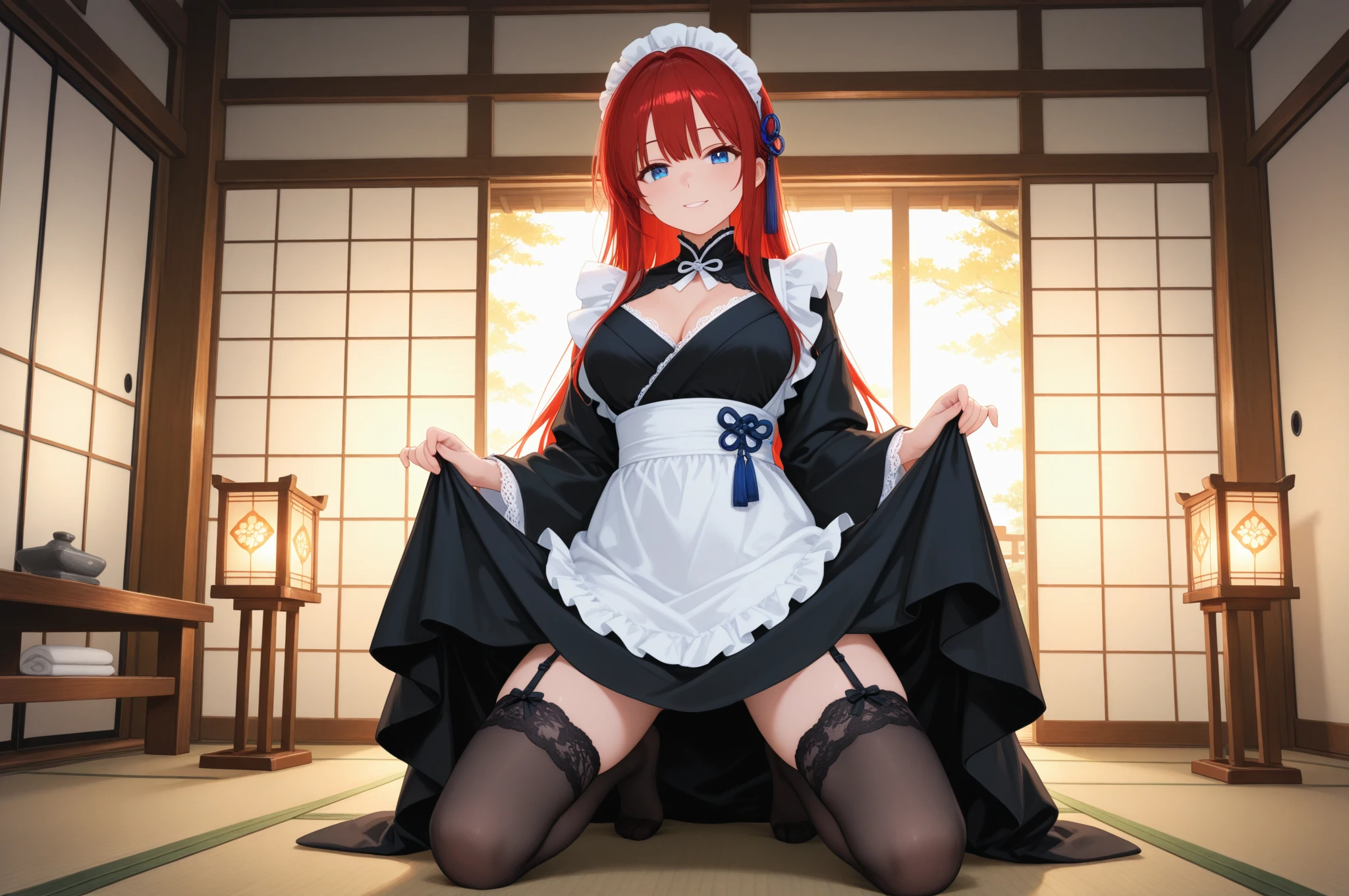 Red-haired robot maid, cleaning the house, wearing a short dress that ends up revealing her curves, detailed image, professional photography, masterpiece, rich in detail, realistic scene, 8k
