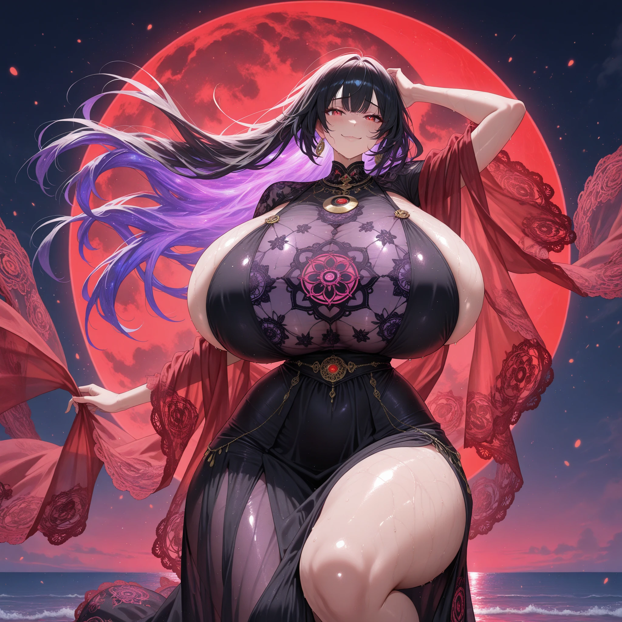 Beautiful black Kitsune, red eyes, highly detailed face, highly detailed eyes, big breasts, sexy figure, mature woman, several black kitsune tails, soft long Black Kitsune ears, You rule a lake, with a towel, a huge redblood moon in the sky reflecting in the water, The forest would be burning full of charred corpses,With a terrifying look smiling, the eyes would glow red, His body would be covered in a very sinister dark stain.