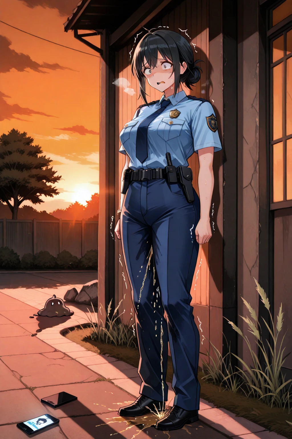 ((female anime police officer with perfect figure beautiful breasts and hips, she is a short, insecure and fragile girl, she is wearing black trousers and a police blue shirt, There is a heavy downpour outside, she is completely wet and her bare breasts are visible through her shirt.)), ((in detail down to the smallest detail, super realistic anime, Best quality, masterpiece))