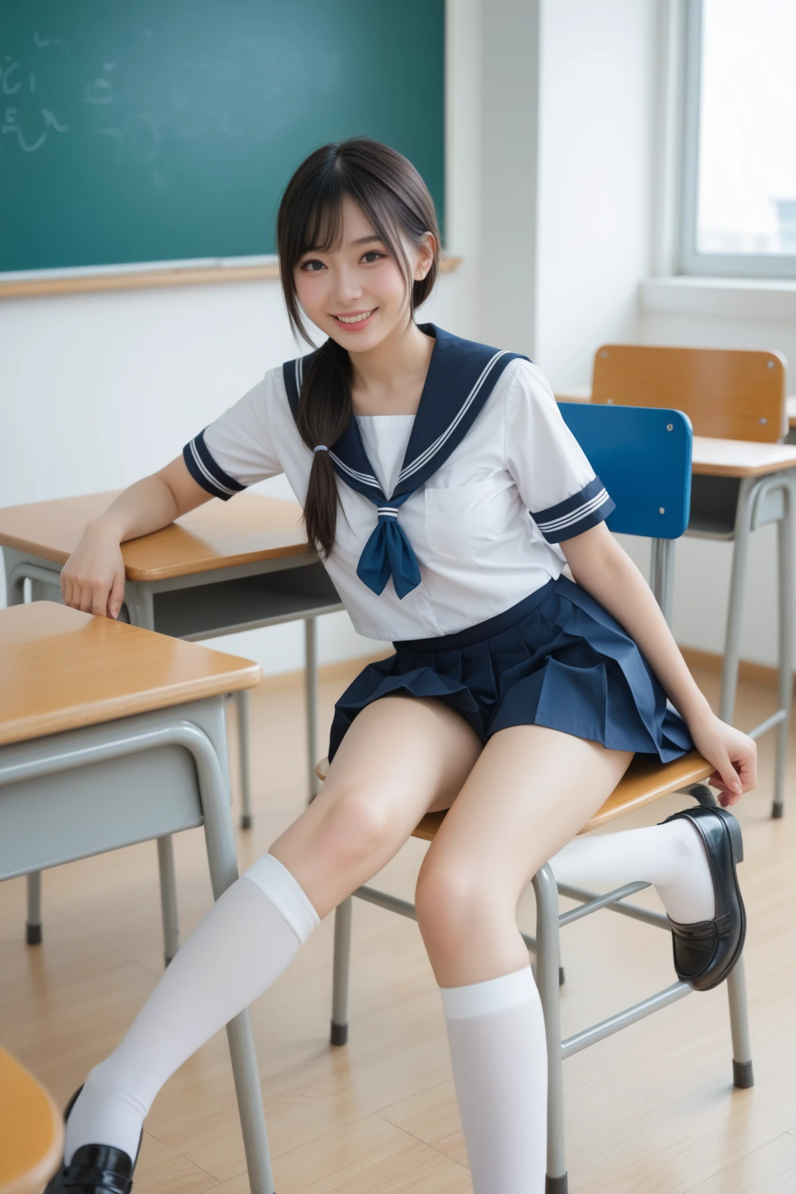 School classroom、High school girls、uniform、Sitting、Her skirt is flipped up、White underwear is visible
