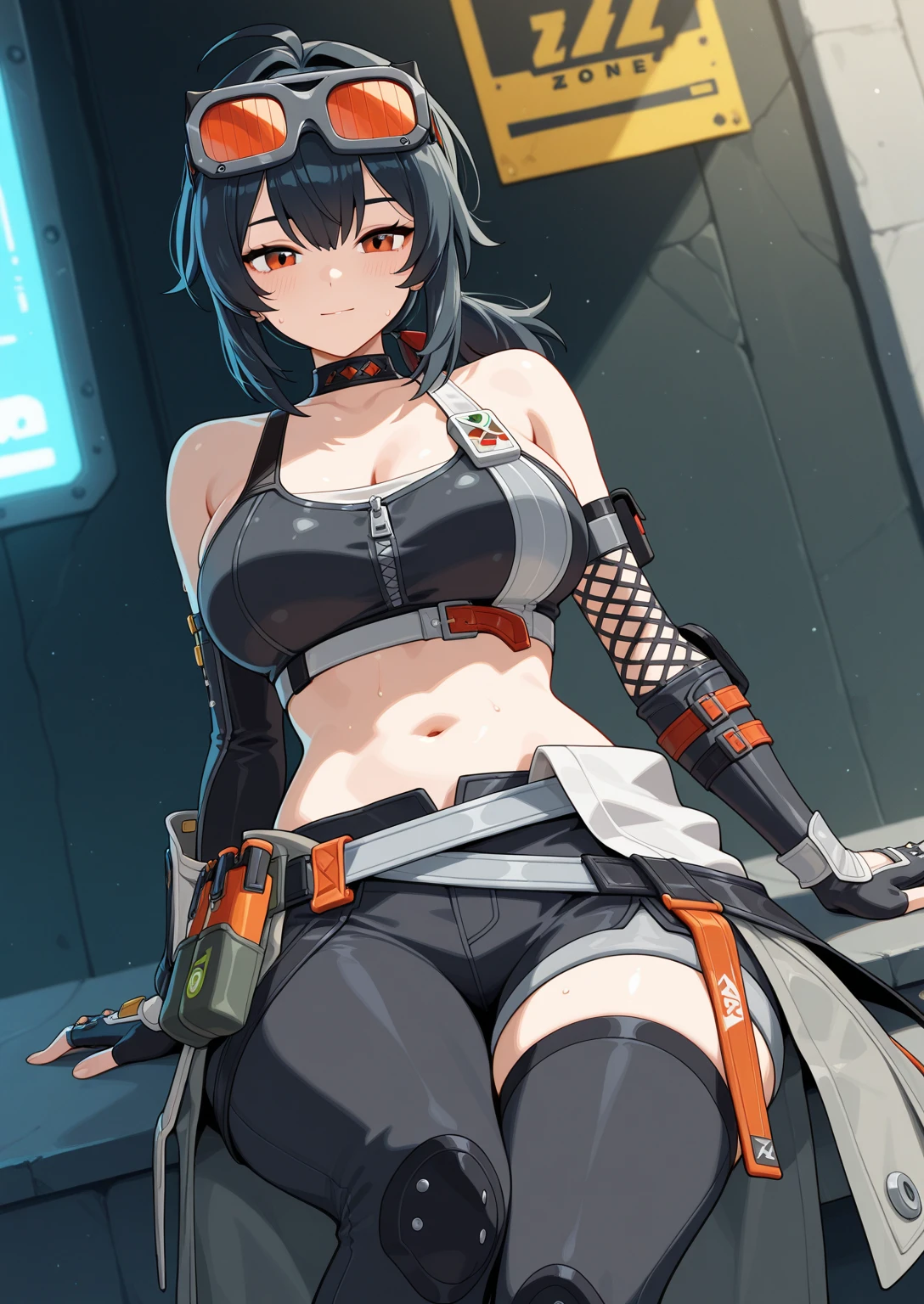 1 girl,black hair,brown eyes,bushing,fishnet jumpsuit,ponytail,alone,, masterpiece, best quality,