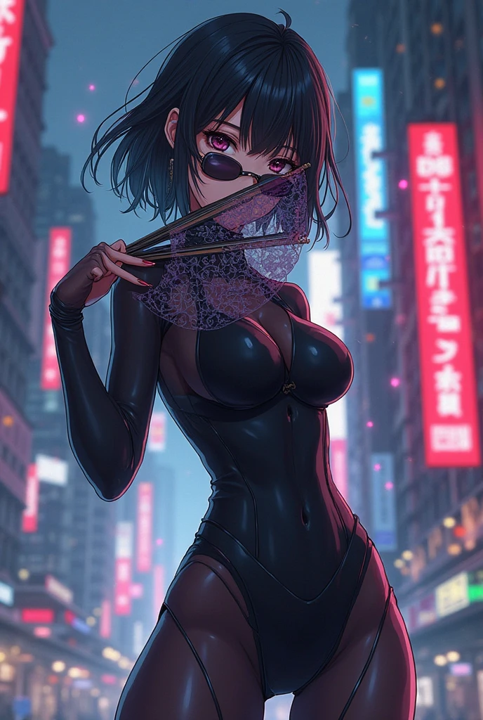 1 Garota ciborgue estilo ciberpunk em pose de combate holding a gun gigante estilo canhão apontando a arma para o espectador, swimsuit style clothes, belt, wearing headphones with cat ears, Eyes red, face with angry expression, light skin short black hair, background abandoned city wearing collar, neckleace, mitts, leather textured clothing with cybernetic details, holding a gun
