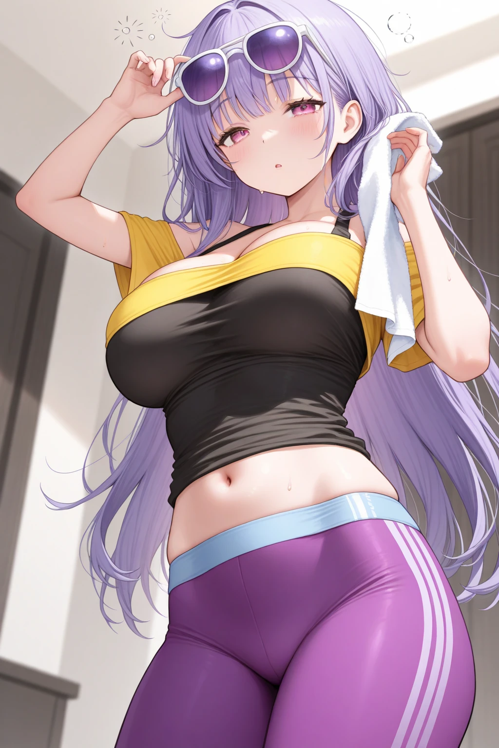 Grown-up girl, Fox ears, Fox tails, Long blue hair with pink tips, Heterochromia, The left eye is blue, Right Eye Pink, blue eye shadow, pink lipstick, black tank top, Upskirt, open belly, pop-idol, Huge-breasts, Smile, Masterpiece, hiquality, 4k, HD, Good detail