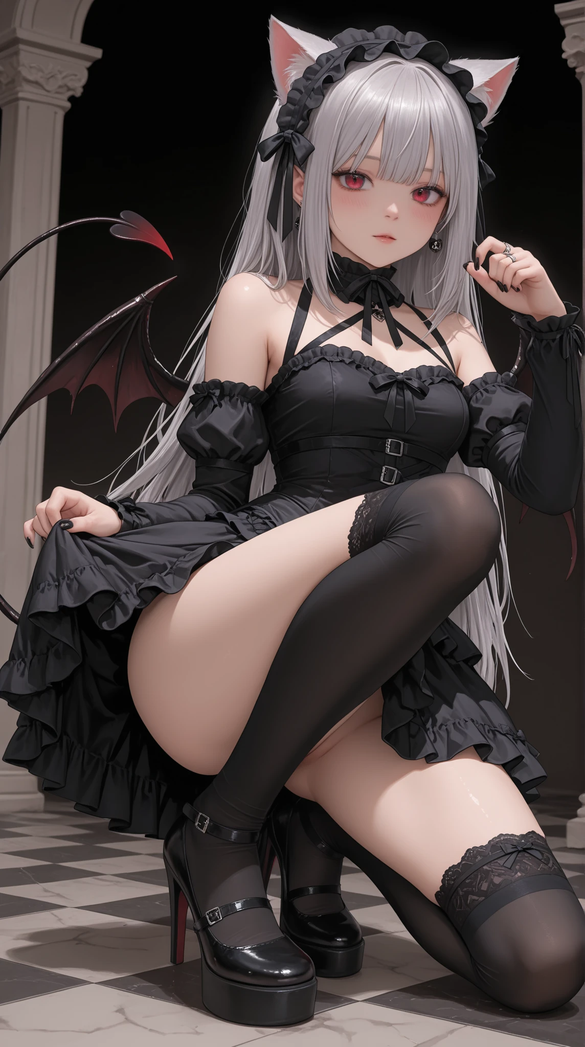 masterpiece, best quality, highres, 1girl naruse animal ears, demon wings <lora:naruse_demon:1> (china dress:1.2), sitting, crossed legs