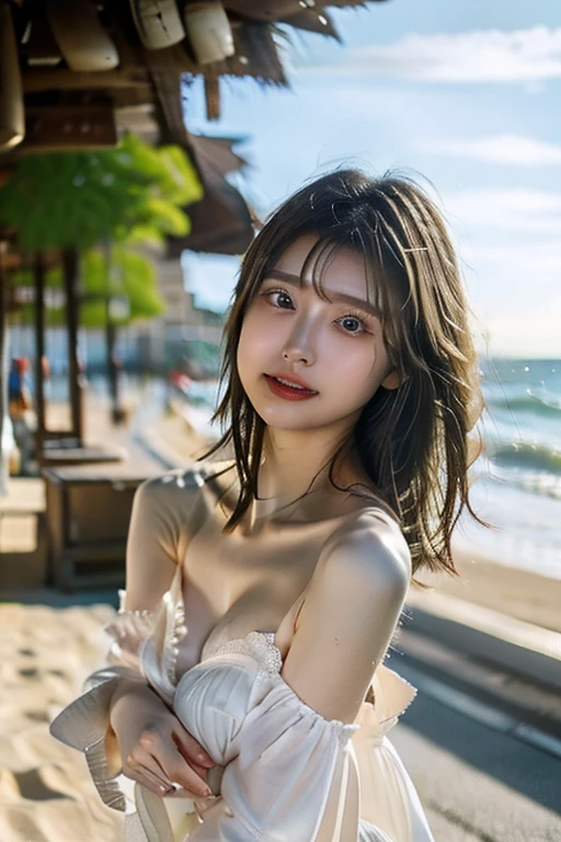 A photo of kikigram_97, closeup cleavage, (Complicated details:0.8), (HighDynamicRange, the ultra-detailed:1.2), Outdoor sports, bikini, t-back,((sunshine on face，Front light source)),（，Place your arms behind your body）,pools of water