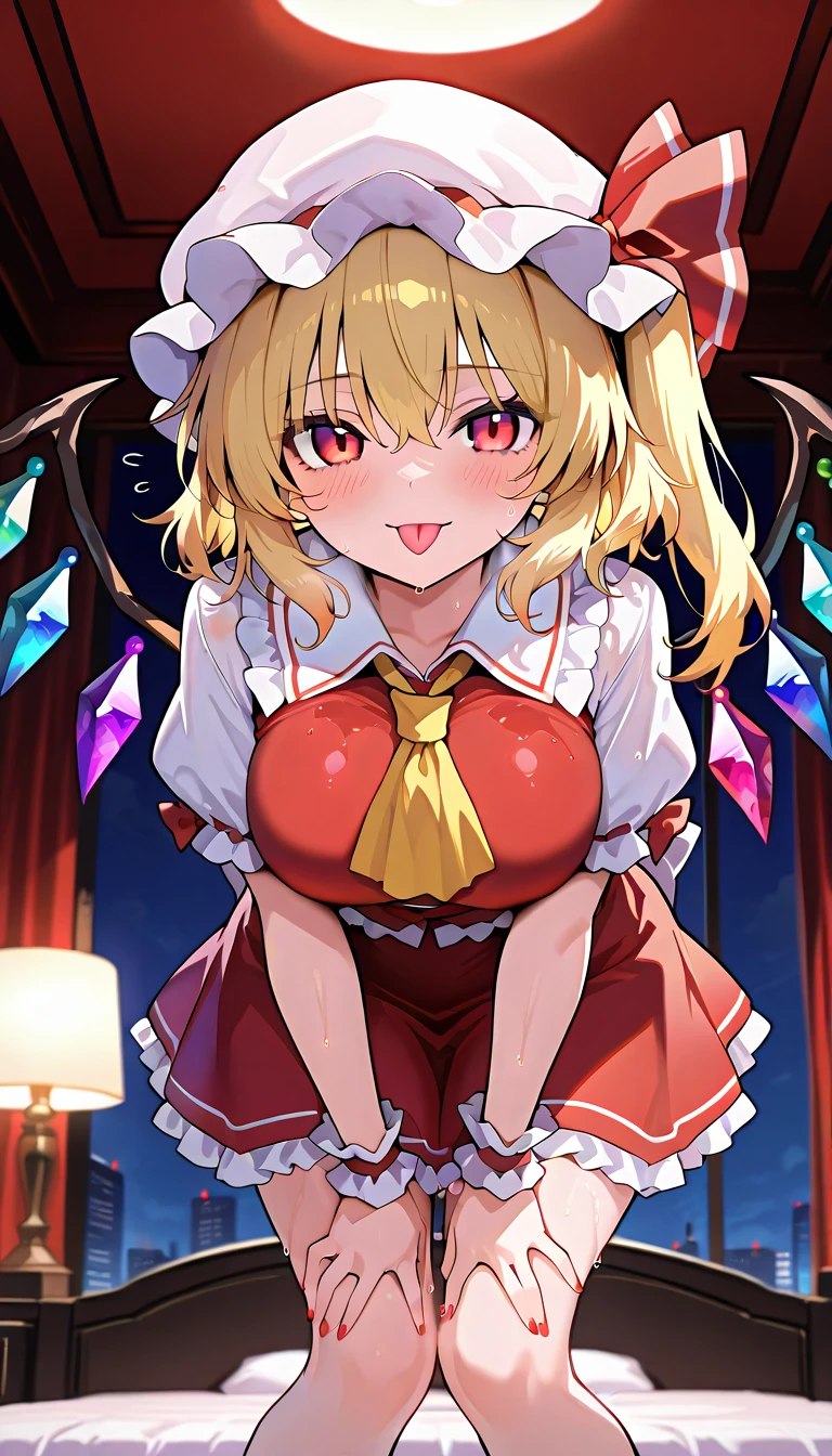 masutepiece, Best Quality, 1girl in,Flandre Scarlet,Blonde side ponytail、It has colorful feathers、RED dress、Undressing、red blush、H-cup breasts、red blush、a smile、Enchanted Girl