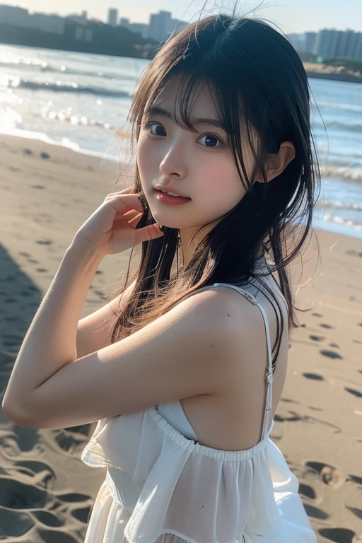 (超realisticな)、(High resolution)、(8K)、 (very detailed)、(Ultra clear skin pores)、(highest quality、masterpiece:1.3)、Beautiful girl in white swimsuit、1 female、Full body Esbian、ultra holder expansion、green eyes、、small ass、night、starry sky、meteor、Stroll along the sandy beach、blue sea、distant horizon、Distant islands々、into the cloud、Mid summer、(no:1.5), close, masterpiece, highest quality, Raw photo, realistic, face, incredibly stupid solution, written boundary depth, High resolution, Super detailed, small details, very detailed, 非常に詳細な目とface, sharp pupils, realisticな生徒, fix sharp focus, cinematic lighting