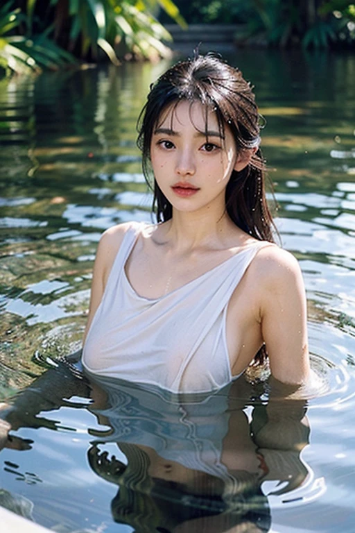 Half beautiful woman Big tits Tank top Slender Glossy all over body Has water