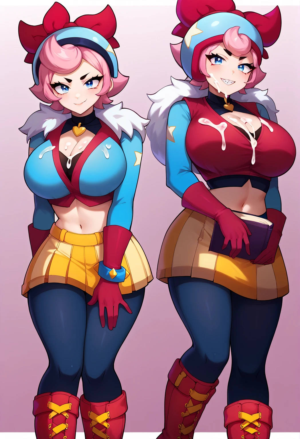 realistic, Japanese bimbo elf, 1girl, thick long white hair with Fuchsia and red streaks, purple eyes, glowing eyes, smirking, crop top, tight mini skirt, blue leggings, parted lips, blush, night, flowers, sun, sunlight, massive big breasted bimbo, Green and sea blue colored armored spacesuit with NASA and Spetnaz logos on breasts, body length balloon inflatable cape, massive(inflating bubble gum, blow bubble), thick pouty bright pink inflated balloon lips, massive(erection under clothes), futa bulge, bulge, Side Triceps posing,🌄🌅sky, roman villa, behance, pixiv, artstation, reflections,8k,4K, ☀️🔥🌌💎💯🔝