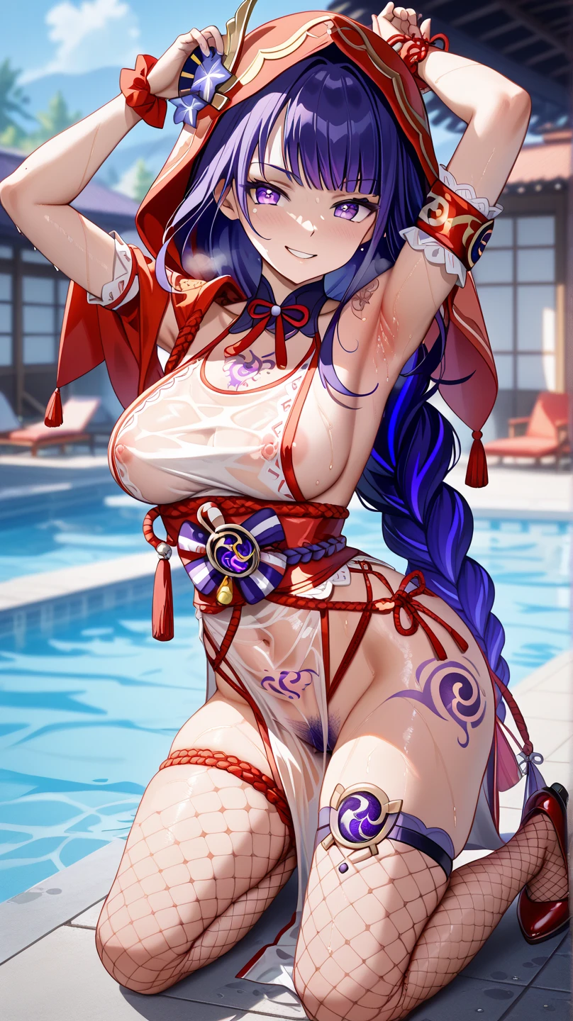 micro bikini, ribbon, ponytail, long hair, blue hair, green eyes, knight, beautiful, masterpiece, 1girl, solo, masterwork, super fine illustration, best quality, ultra high res, cg unity 8k wallpaper, large breasts, ultra detailed, dare ass, ass skin, gleaming skin, shiny skin, oil skin, dare arms, perfect proportion, perfect body, perfect anatomy, cleavage, ass focus, slender,