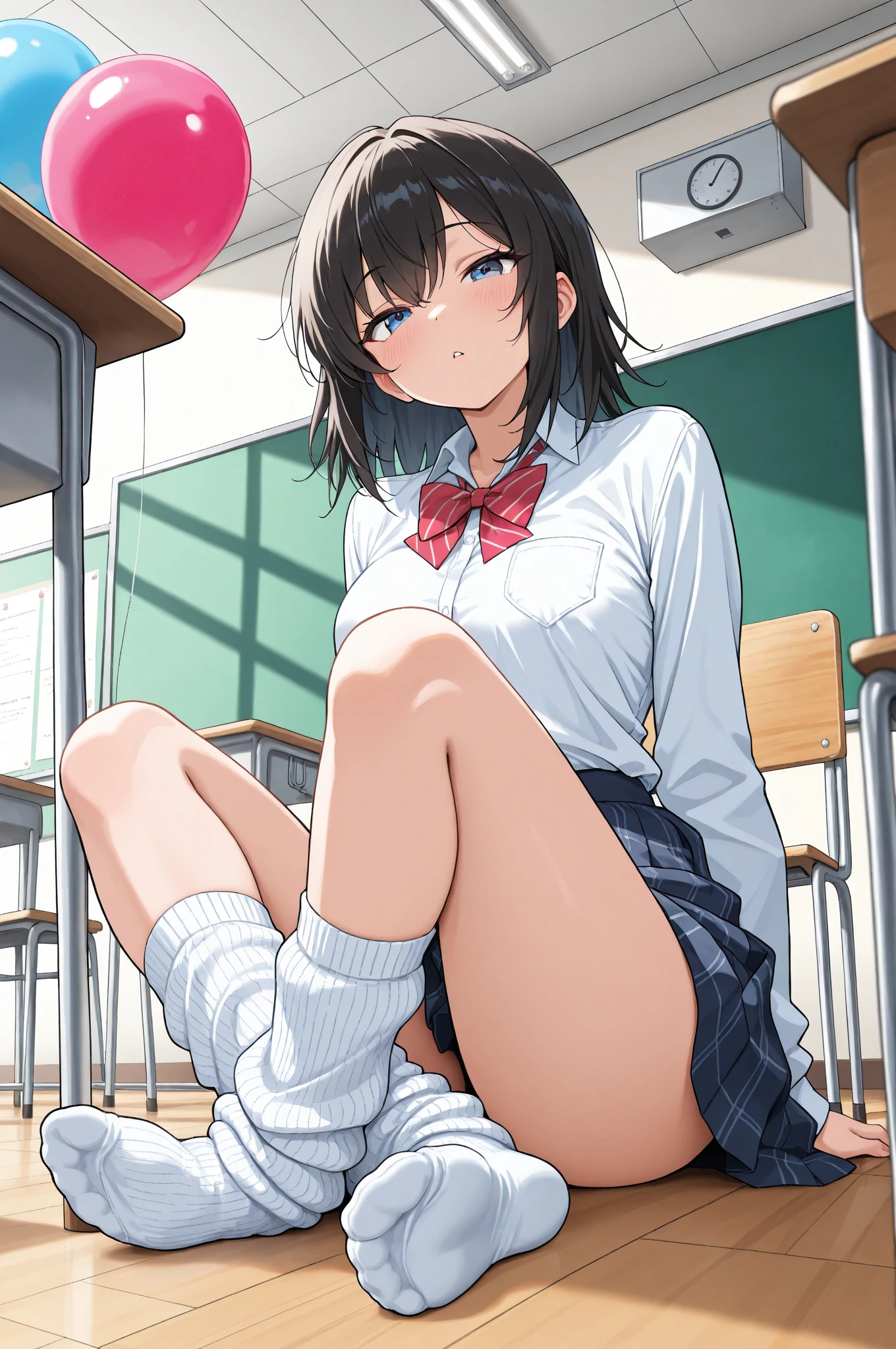 RioFutaba, Hi-Res, top-quality, illustratio, Super Detail, (Detail Face), (Detail Eye), Soft lighting, top-quality, Super Detail, masterpiece, 1girl in, 独奏, outfit2, Ash brown hair, poneyTail, scrunchie, brown-eyed, short sleeved shirt, pleatedskirt, red necktie, Glowing eyes,, (colourfull), Upper bust, a smile, crass room, Look at viewers、(Anna Tanaka)、hi-school girl、Summer clothes skirt、Cotton panties、sit on stairs、NSFW:1.5、(Bend your knees and open your legs)