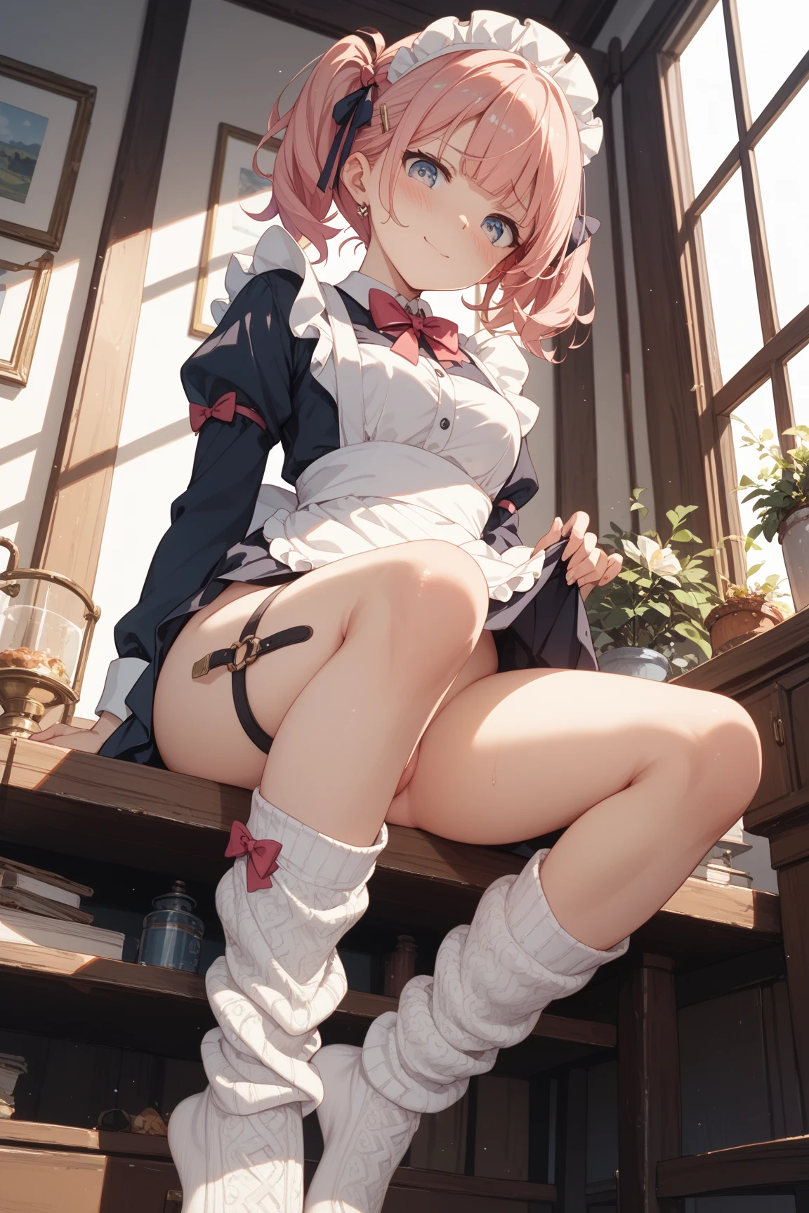 score_9, score_8_up, score_7_up, source_anime, 1girl, red hair, short hair, messy hair, red eyes, almond pupils, dark skin, cat ears, large breasts, eyeglasses, naughty face, micro bikini maid, headdress, blouse, skirt, apron, areola, bent over, back, private room, mansion,