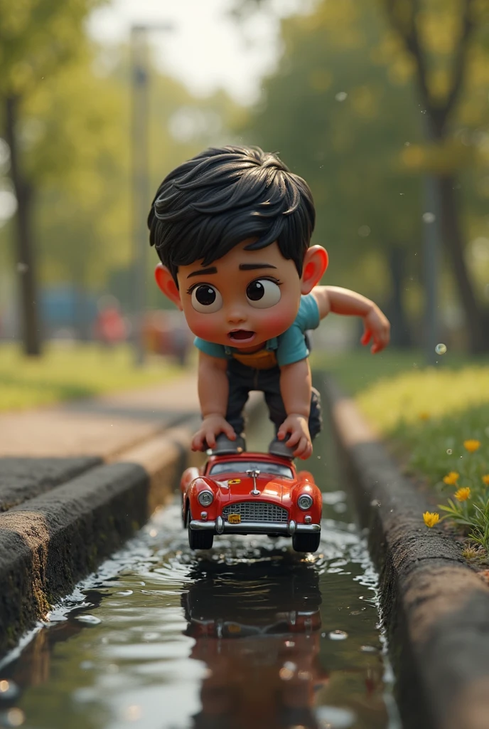 funny YouTube thumbnail for title 'slow and frustrated' about wet road addressed by our project innovation
make it horizontal

make A frustrated kid driving a blue toy car on flooded road with number plate CHILD & ??? 