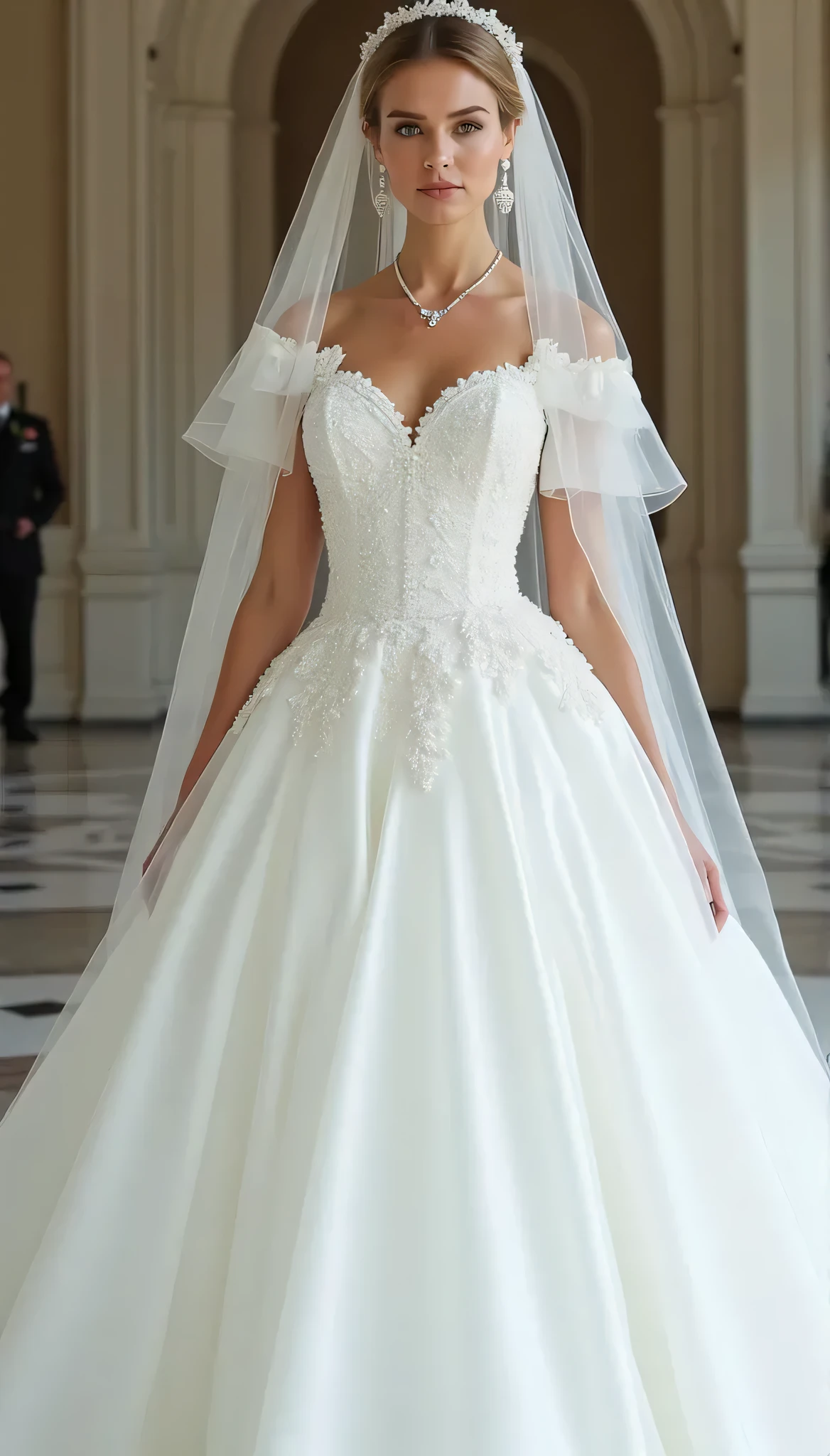 Naked,Full body like," Figure, (((1 bride is surrounded by plenty of business men)))  Bride's outfit without shoulder straps,Small silver tiara,Colossal tits,sloppy and droopy breasts, heavy breasts almost exposed ,Fully visible bust,Sheer princess skirt,Wedding in the church,There is a large crowd of participants behind you, the perfect body, (Best Quality, 4K, 8K, High resolution, masutepiece:1.2), Ultra-detailed, (Realistic, Photorealistic, Photorealsitic:1.37), royal, Captivating, (Vibrant colors, sharp chest:1.1), Soft lighting", transparent dress.