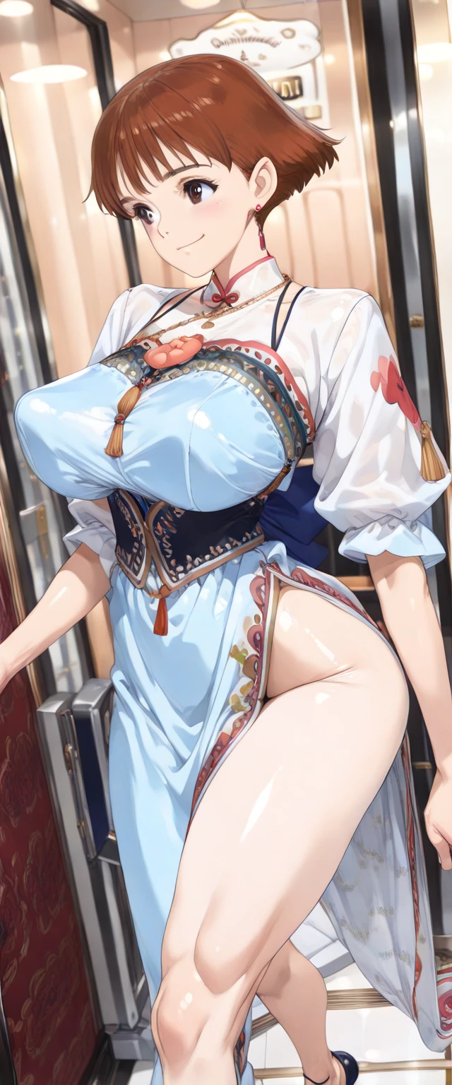 woman with big breasts wearing a dress, viwe from below, one leg up, <lora:Mogustyle:1>