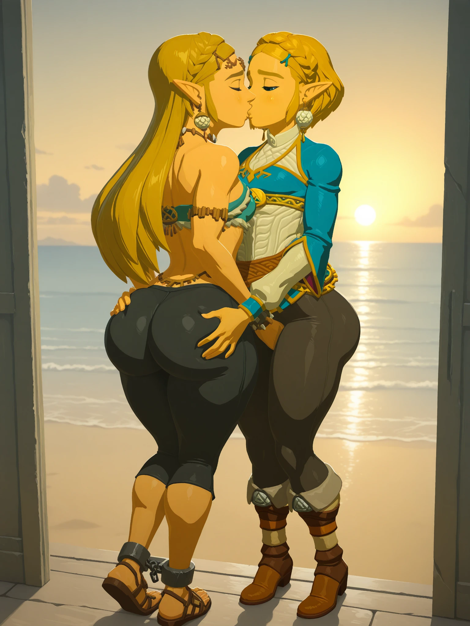 two princess zeldas kissing each other, on beach, in swimsuits, big breasts, big butt, beachside view, wet