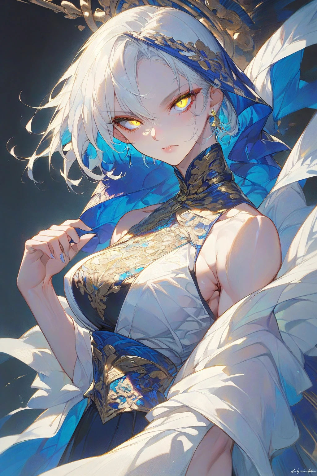 Painting of a fox woman with white hair sitting on a branch,Onmyoji detailed art,Nine Tails,a beautiful artwork illustration,mythological creatures,red fox,Beautiful digital artwork,Exquisite digital illustration,mizutsune , Inspired by the mythical creature wildnet,Digital art on Pixiv,strong lights,hight contrast,Horror movie theme,Dark atmosphere,Standing painting, BREAK,
highly detailed of (fox), (1girl), perfect face, details eye, Bob cut hair, Blunt bangs, (hair between eye), blonde white hair, fox ears, ethereal fox,nine tail fox,Fox three-tailed fox, blue eyes, eyelashes, eyeshadow, pink eyeshadow, light smile, design art by Artgerm, by Kawacy, By Yoshitaka Amano,
BREAK,
((perfect ???????)), nice body, medium breast, extremely detailed finger, best hands, perfect face, beautiful face, beautiful eyes, perfect eyes, perfect fingers, correct ???????,
BREAK, ((masterpiece )), (top quality), (best quality), ((ultra-detailed, 8k quality)), Aesthetics, Cinematic lighting, (detailed line art), Beautiful digital artwork, Exquisite digital illustration,painting,