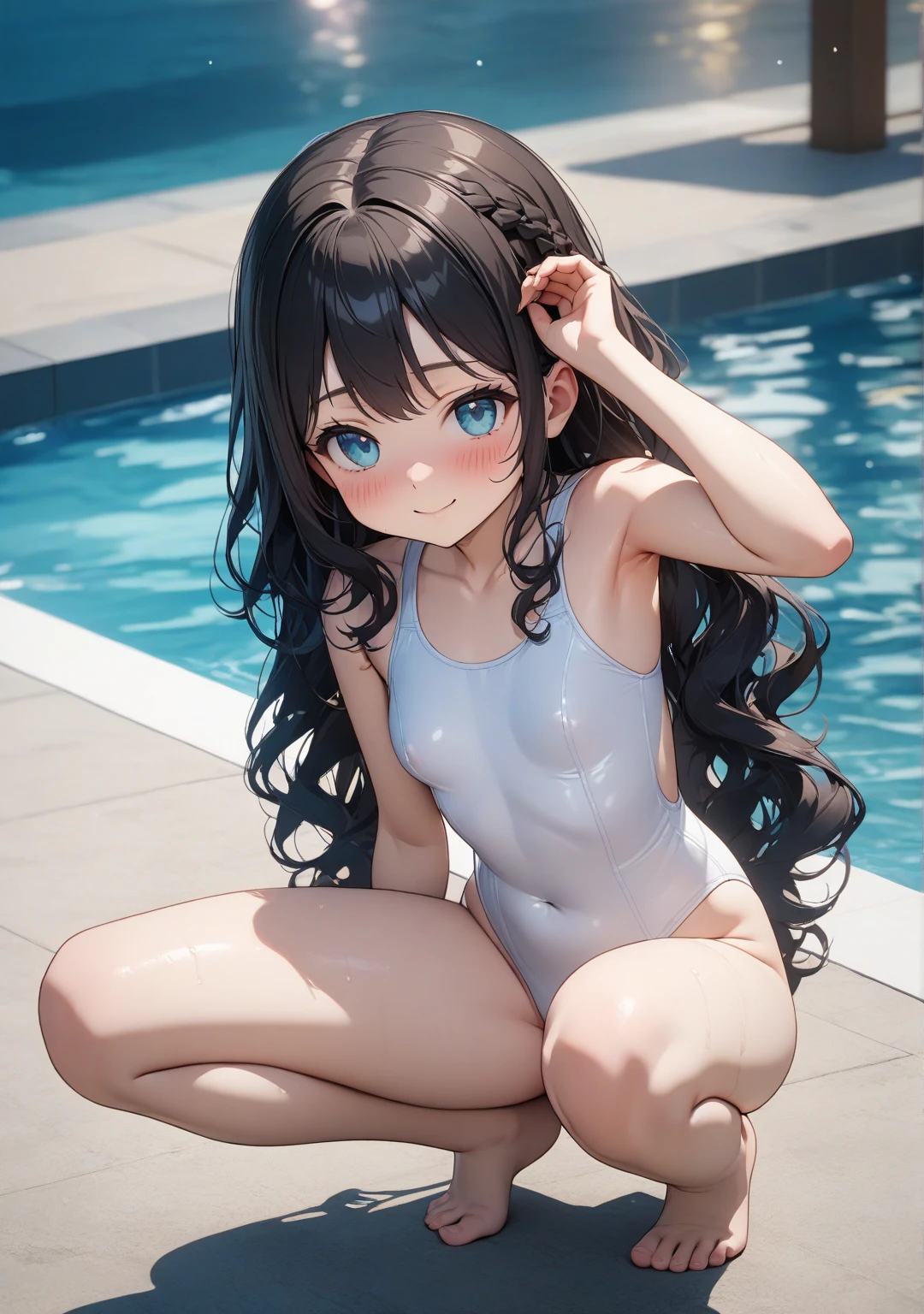 8K、master piece、highest quality、highest level、Highest image quality、muste piece、intricate details、high resolution、depth field、Natural light、professional lighting、(1 person)、solo、Anglo-Saxon girlish girl、(cute:1.2)、very beautiful cartoon girl、(high detail skin: 1.2)、Photorealistic anime girl rendering、Realistic anime 3D style、golden hair with details、crossed bangs、asymmetrical bangs、stick out ears、eyelashes、intense blue eyes、strong eye highlights、perfect anatomy、hands behind the back、very mysterious smile、Attractive、body wet with water、((12 year old girl))、cat ears、white dress、wearing a detailed pink swimsuit、cute bra、cute panties、sandbeach、beach side、Beach where you can see the sunset at 6pm、red sunset clouds、