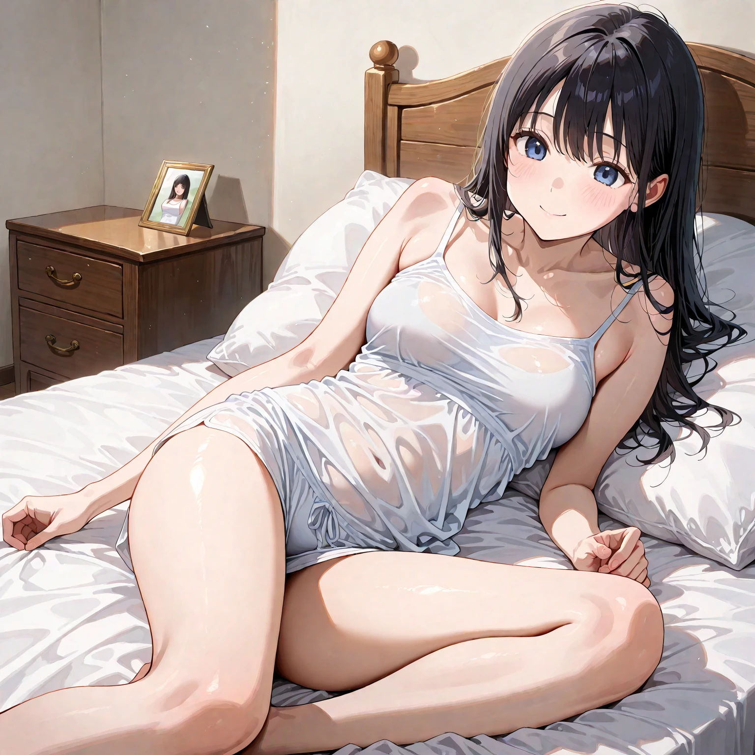 masterpiece, High resolution, figure, Kyoto Animation Style, Your Name Movie Style, night, mid-night, Light, (1girl:1.3), (alone:1.4), Long eyelashes, messy hair, medium hair, futon, Lying down, (covering chest by hand), (((in heat, aroused, wishful))), ideal ratio body proportions, sagging breasts, from above, looking up at viewer, {{{{vulgarity}}}}, (love juice, pussy juice, pussy juice stained:1.1)