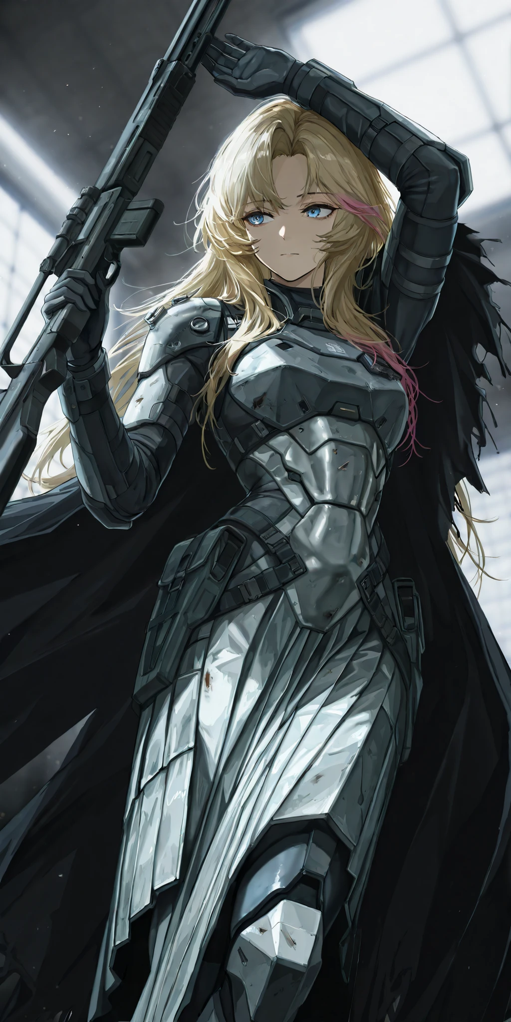 by [inoitoh|arknights|748cmstyle], warcore, backlighting, warm lighting, scenery, accented lights, 1girl, solo, (from the side, side shot:-0.1), A portrait of a mature woman at a quarter angle/three quarter angle aiming her weapon, detailed face, intricate details, shikimori, bright blue eyes, blonde hair with pink highlights, wearing a call of duty styled exosuit, heavy armor, armour skirt, Spec ops, black ops, small chest, supersoldier, cleaning up her rifle, gritty aesthetic, mature snarl, tsurime, very long hair, stealth tech, sleek angular armour, nanosuit, tattered shoulder cape, broken shoulder cape, damaged armour, standing in flames, nano mesh armour, (mature, exquisite detail, 8k, 4k, sharp focus, ultra-detailed, detailed background, absurdres, best quality, amazing quality, very aesthetic, high resolution, newest, hyper-detailed:0.9) 
 