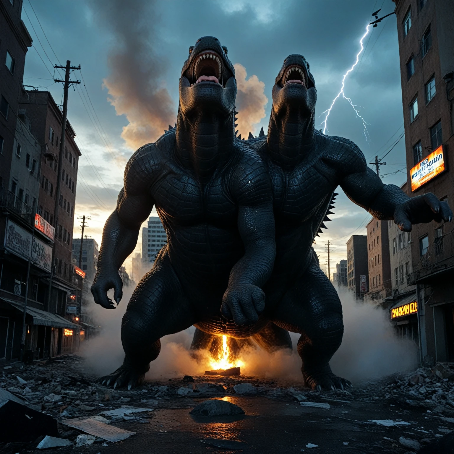 A shot from the movie "Godzilla" if the role of Godzilla was played by actor (David Michael Bautista):1.505, panic, destruction, cinematic frame, high resolution, 32k