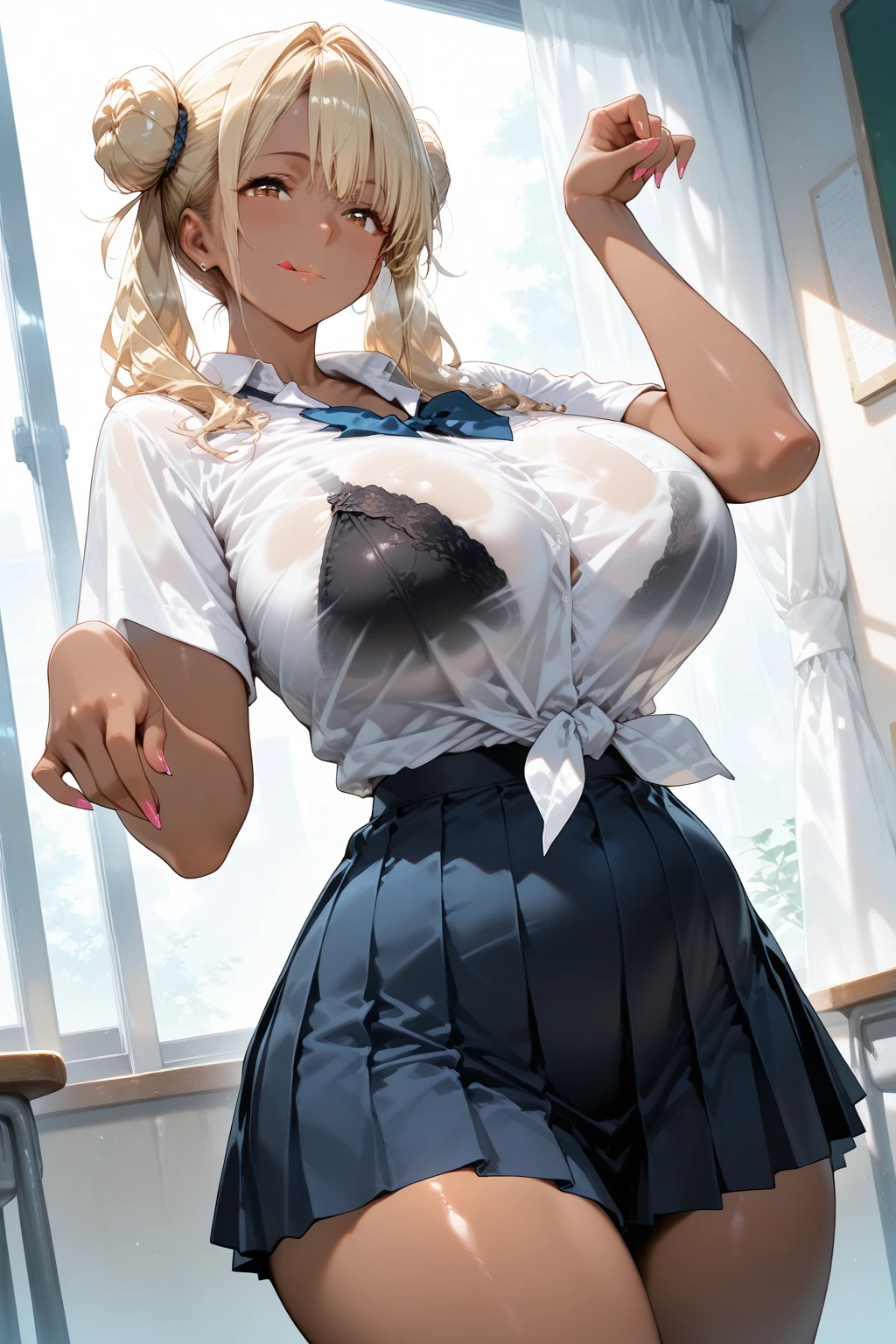 1girl, masterpiece, best quality, slender girl with hourglass body and huge breasts, solo, pretty, cute, shy girl, ((girl wears , short pleated skirt, white blouse, Korean )), sexy, girl shows enticing breasts, ((platinum blond hair, long hair)), pink colored eyes, pink orbs, detailed eyes, beautiful eyes, delicate eyes, ((hourglass body, sexy body)), correct anatomy, correct limbs, ((huge breasts:1.6)), juicy lips, pouty lips, [detailed background (korean school, korean high school, Seoul, south korea)]BREAK((pantyhose)),((side shot))