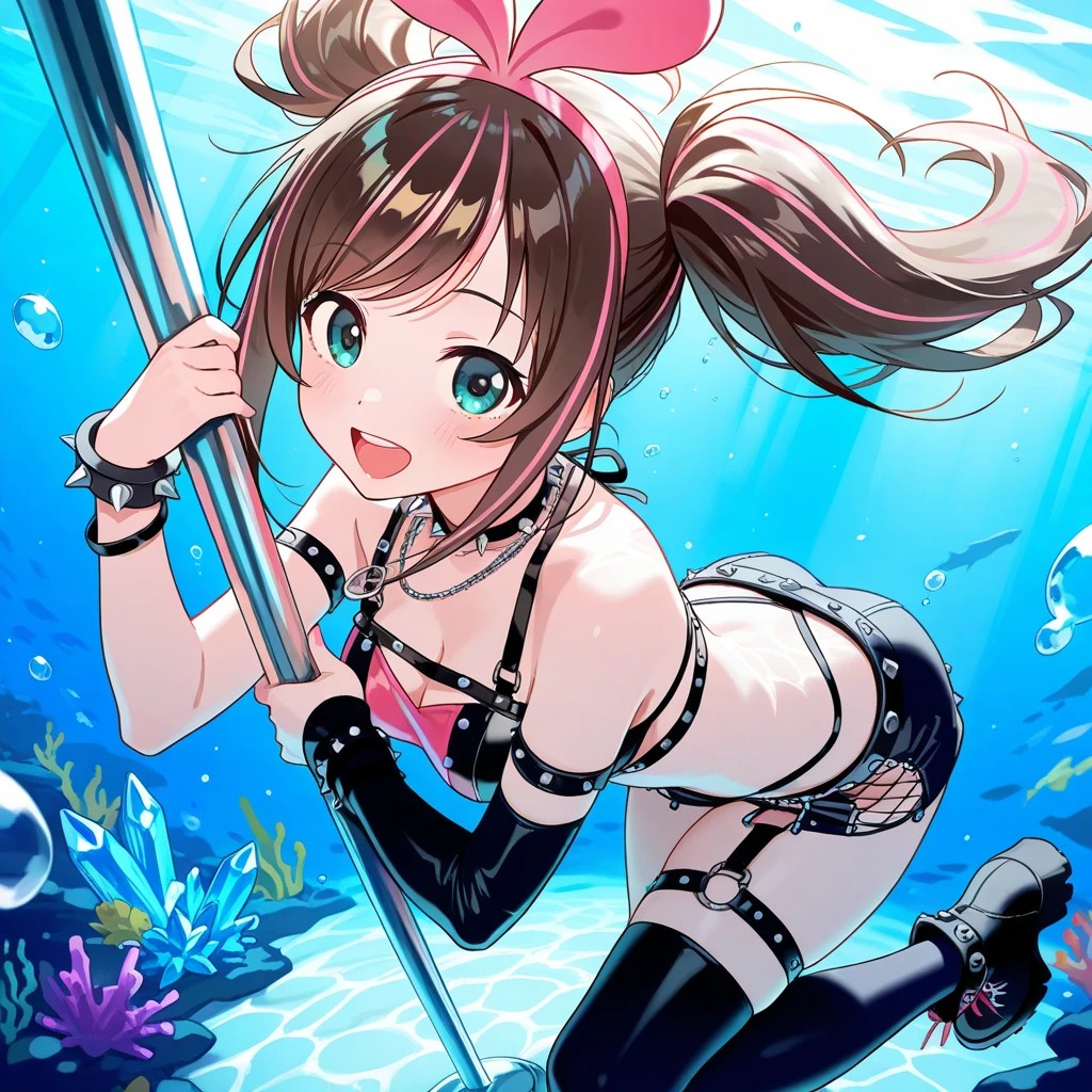 masterpiece, Highest quality, High resolution, Artsborn, Long Hair, One side up, Hair Ribbon, Pink Ribbon, Brown eyes, Fishnet tights, Black knee socks, naked