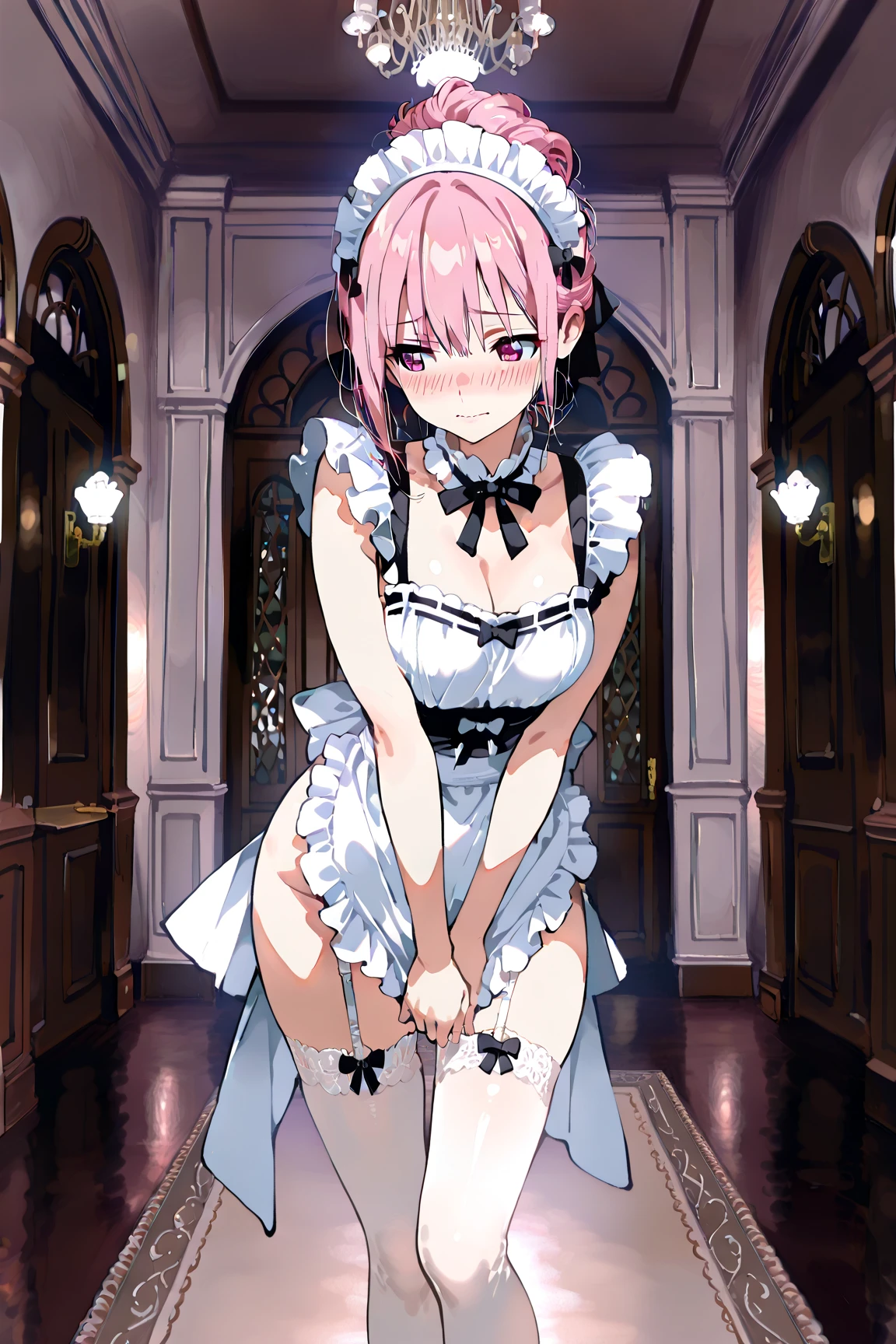 Girl with pink hair, long twin-tail hairstyle, (small bushy pink eyebrows), dressed in gothic lolita clothing, lolicon (Zankuro) drawing style by zankuro artist, Zancro style, image uploaded to R34, (in a church full of people), , flirty smile, lifting her dress to show her wide, naked hips, underwear in her hands, breasts out, wearing a wedding dress