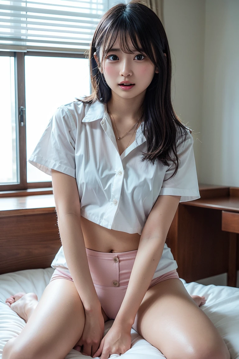 (In 8K,highest quality,masterpiece),(Realistic,RAW Photos,Super Fine Clear),Realistic Light,Detailed skin,Beautiful Japanese Woman,((30-year-old woman,))、Businesswoman、Office Fashion,Blue sexy panties、kneeling to spread legs,Thin legs、fine grain,Detailed fingers、thin、Sexual,Ecstasy expression,In a stylish bedroom、a place where there are no people,Ecstasy,Asian Eyes Era