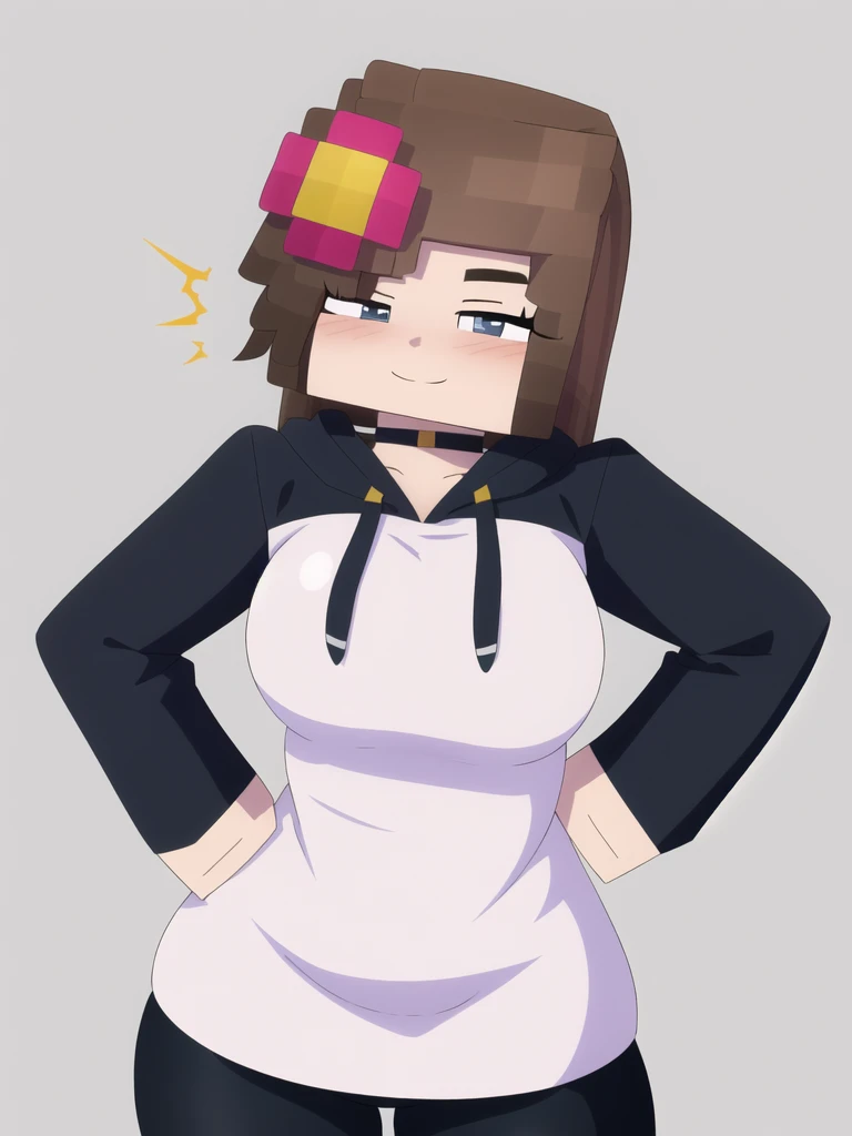 masterpiece, best quality, ultra-detailed, Potrait of beautiful , (chubby) (muscular), (plump), (sexy), (cleavage), ((tomboy)), (anime), (張った乳), (ムチムチ), ((very short hair)), ((Uzaki Hana)), (overweight), ((垂れ下がった乳)), (blue eyes), (へそ), (blue eyes), (へそ出し), (minecraft),