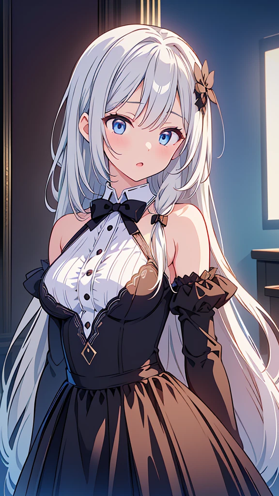 (Ultra high detail、highest quality、official art)、woman alone、mysterious atmosphere、(attractive woman)、28 years old、silver hair、white headband、shortcut、from head to knees、big bust、Black backless maid outfit、blue eyes、Big eyes、smile、archive、old book、indirect lighting、(delicate illustrations)、Light、Light、