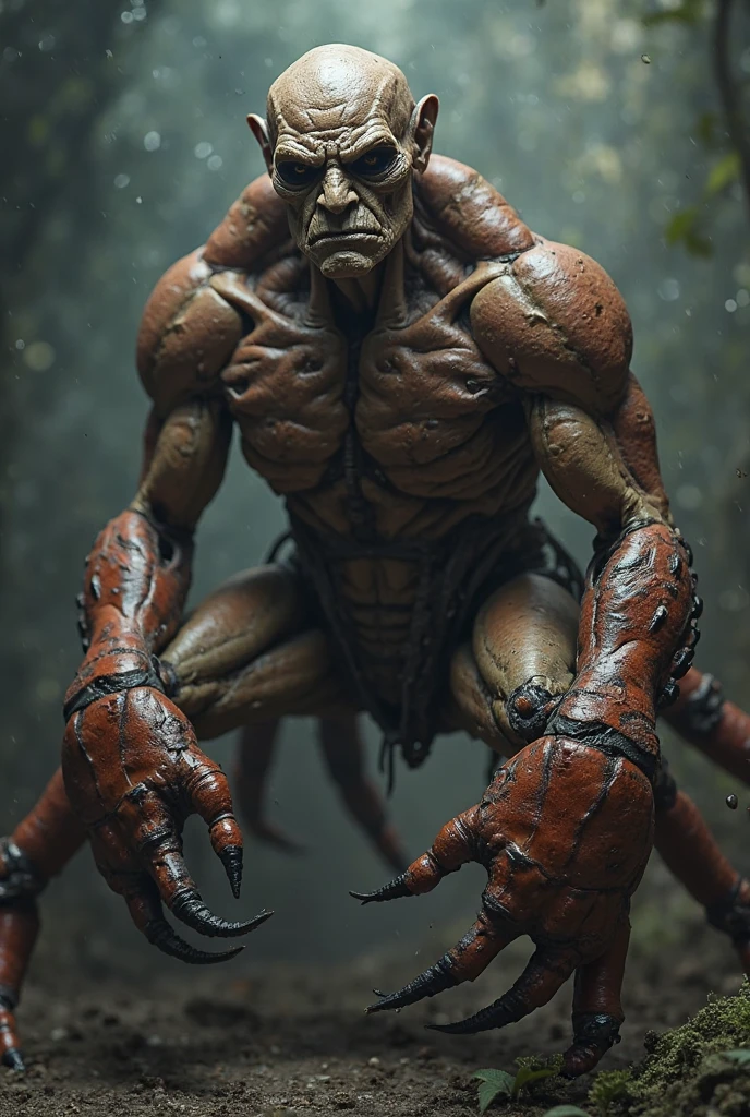 A scorpion with a very muscular human body from the front