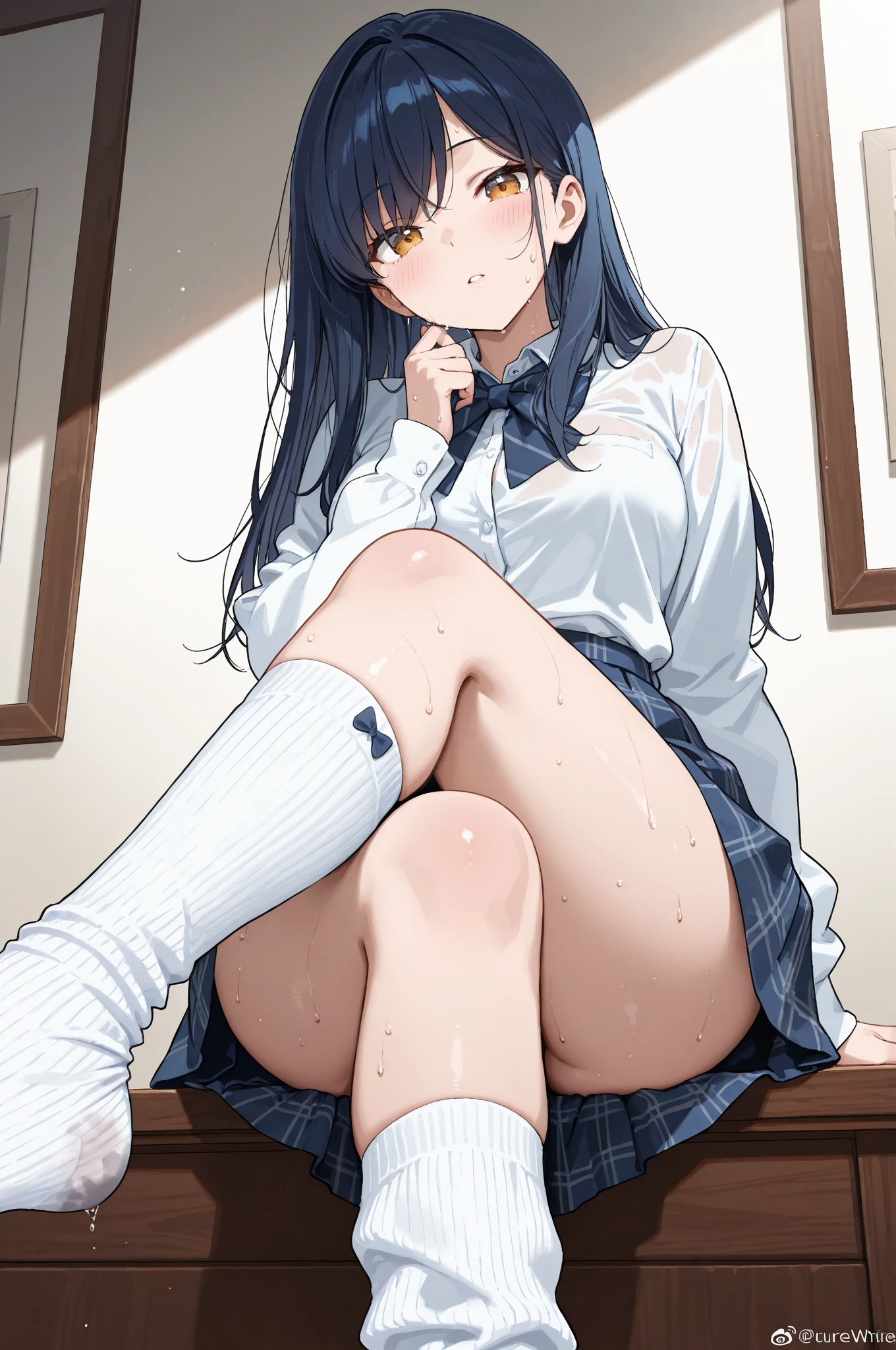 masutepiece, Best Quality, hight resolution, US1, Purple eyes, School uniform, Blue skirt, neckerchief, White socks, Pleated skirt, Long sleeves, White shirt, blue sailor collar, (Panties:1.1),White panties,Ribbon panties,sockes,shoe,Sitting,leg spreads