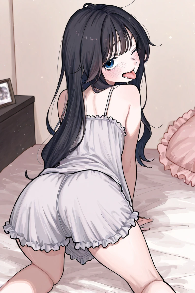 adjusting clothes (masterpiece, top quality, best quality), (splash art), young girl bedroom, loli, black hair,long twin tail hair,modern, super detailed bedroom, cute bed, sexy, in underwear, (white cute bra, cute polka dots panties), (shy, slight blush)(big ass:1.4)soft light, soft skin, pale skin,(ass Close-up:1.4) (leaning forward,from behind:1.3)
