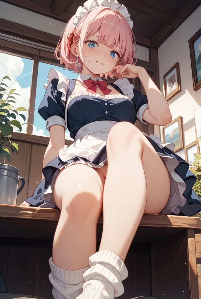 1girl, Single, Nino Nino, Pink hair, Butterfly hair decoration, (Naked:1.3), (White apron), Big breasts, split, Thighs, cafe wallpaper, (blushing:1.3)