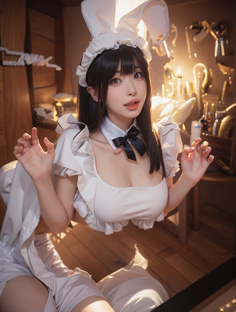 A 20-year-old maid with a cute face like an idol　Smiling Kindly　Maid clothes　Cosplay　Cleavage　Slightly large bust　Her breasts are tied up with rope, clamping them above and below.　In a dimly lit room　RAW Photos　Genuine　Real Stick　Raw photo