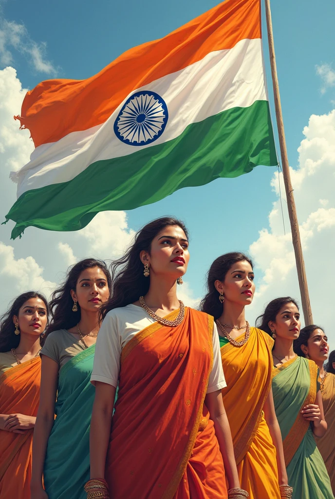 Indian saffron  and white saree group of hot women salute with army woman,  in the crowd , holding indian flag, bharat flag, tricolour flag saffron white and green