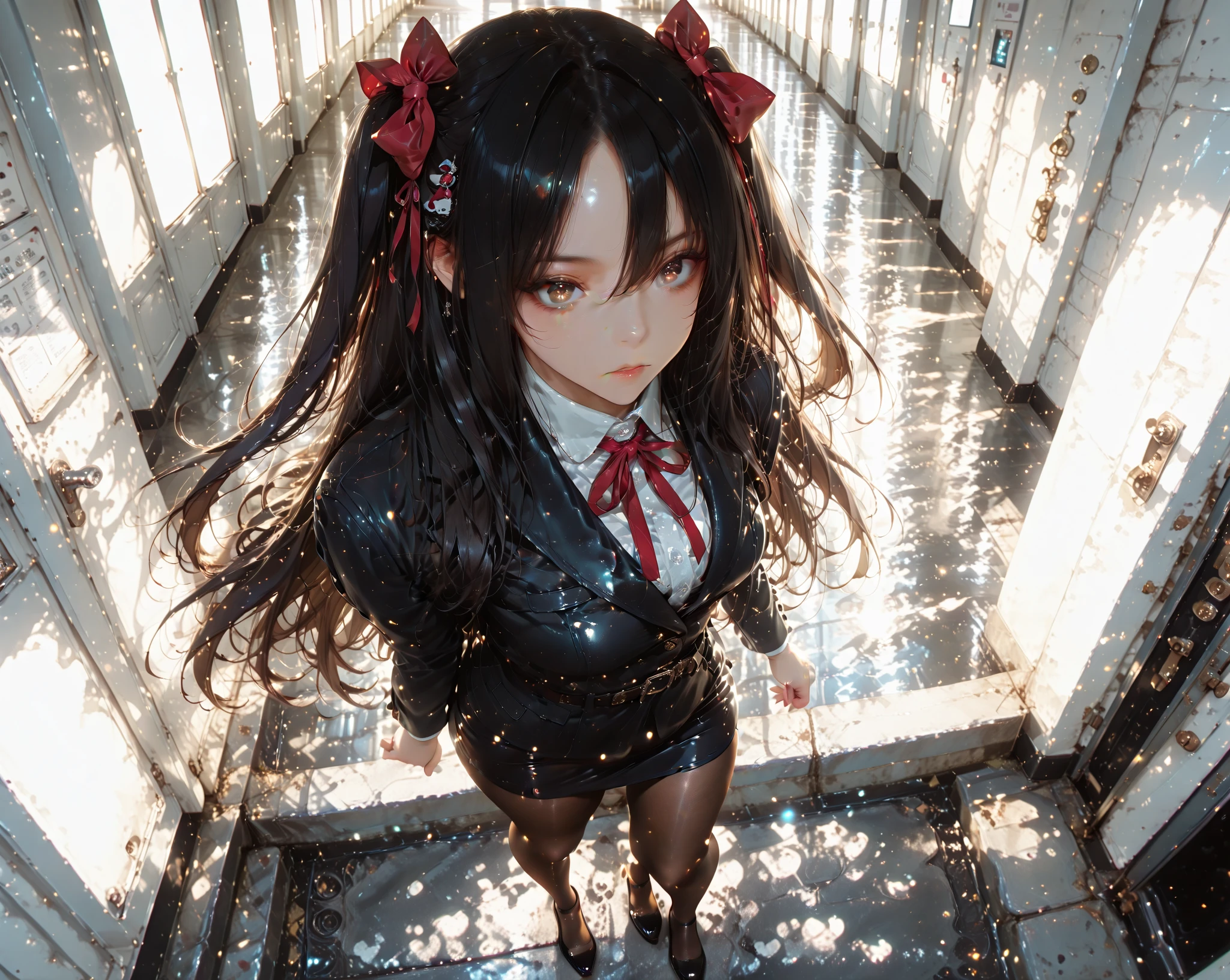 Masterpiece, Best Picture Quality, High Quality, Beautiful, Japanese, Japanese School Girl, Popular Korean Makeup, Detailed, Puffy Eyes, Ultra High Resolution, (Reality: 1.4), Very Beautiful, Slightly Young Face, Beautiful Skin, Slender, (Ultra Realistic), (Illustration), (High Resolution), (8K), (Very Detailed), (Best Illustration), (beautifully detailed eyes), (super detailed), (wallpaper), (detailed face), viewer looking, fine detail, detailed face, pureerosfaceace_v1, smiling, 46 point slanted bangs short, looking straight ahead, high school girl uniform, ribbon shaped pink tie, black hair, long hair, hairstyle, twin tails, catsuit and green ribbon, little girl, facing straight ahead, angle from the waist up, realistic photo, bright lighting, professional lighting, little girl,