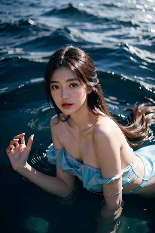 (masterpiece, best quality), ((1girl, solo, long hair)), Ishmael_limbus, innocence expression, bare arms, bare shoulders, bare neck, watercolor, sundress, liquid clothes, water, waves, water dress, blue_theme, night, mist, dark, sharp focus, sea, see-through dress, orange hair