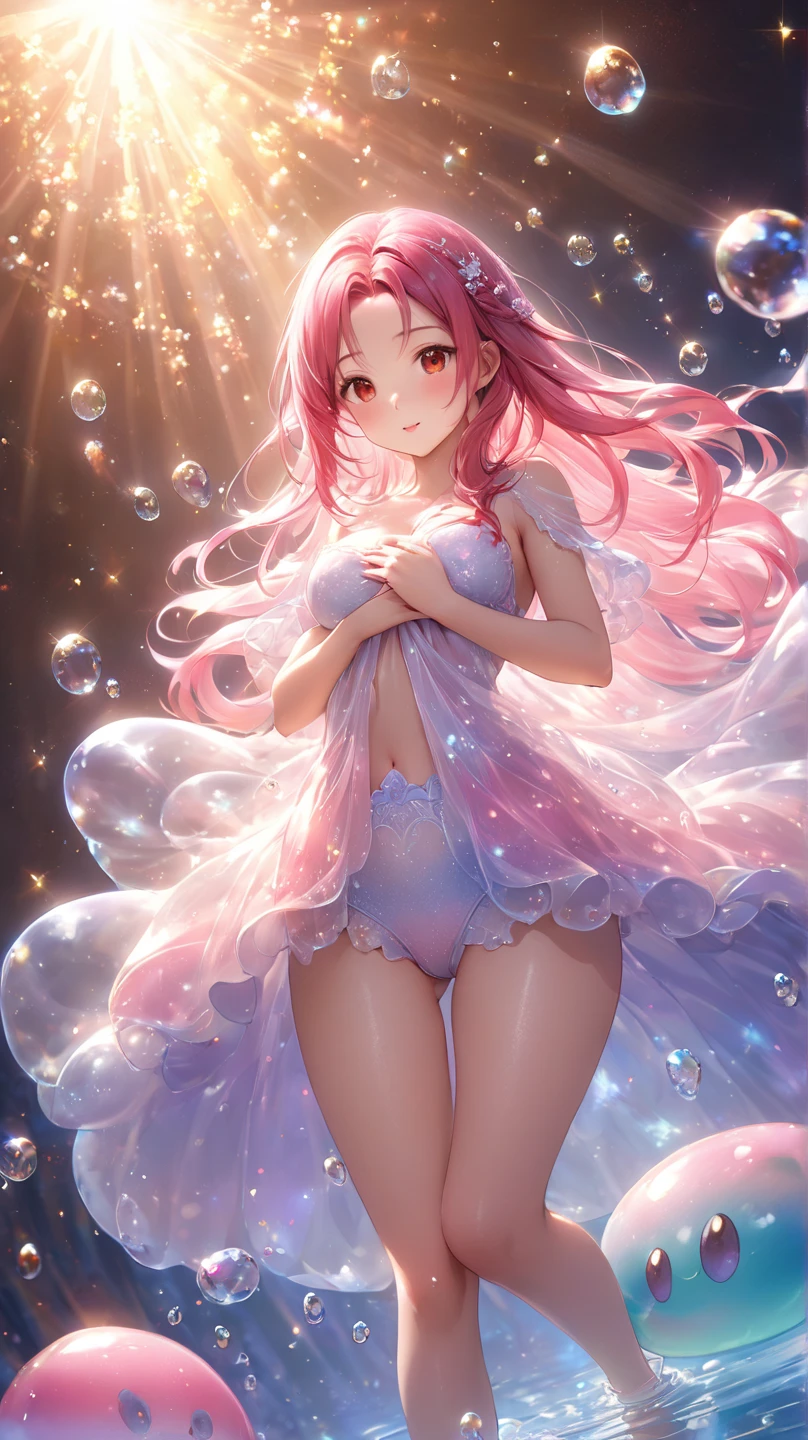 ((8k, Highest quality, masterpiece: 1.3)),Ultra-high resolution,(1 girl, alone), (Color changing eyes, Ultra-detailed, Expressive brilliance, Glitter, Glowing Eyes), Highly detailed eyes, Highly detailed face, Random Hair, ((pastel colour)),With her fiery copper hair catching the golden rays of the setting sun, she stands by the window, one hand resting on her chest while the other gently pulls at the strap of her bikini bottom. Her expression is a mix of playful teasing and subtle allure, and the camera captures the scene from the front, emphasizing the delicate interplay of light and shadow on her skin and the movement of her hands.