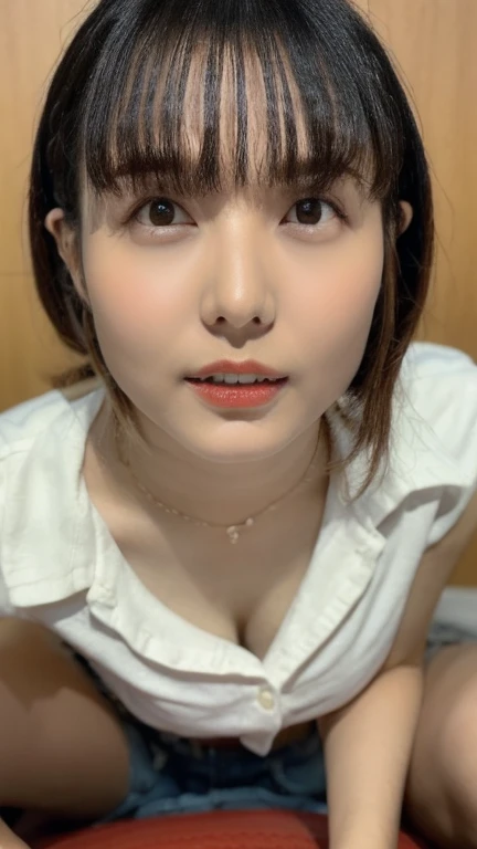 ((Highest quality, 8K, masterpiece: 1.3)), Sharp focus: 1.2, Beautiful woman with perfect body: 1.4, Slim abdomen: 1.2, ((Layered Haircut, Large Breasts: 1.2)), (Very good) (Small beautiful hard nipples) (thin, damp buttons up to shirt length,: 1.1), (rainに濡れた白いシャツ), (rain, street: 1.2), Wet body: 1.1, Highly detailed face and skin texture, Fine grain, double eyelid, Sunburnned skin, sexy, Sunburn, Dark Skin, Sunburnned body, Exposed shoulders, Cleavage