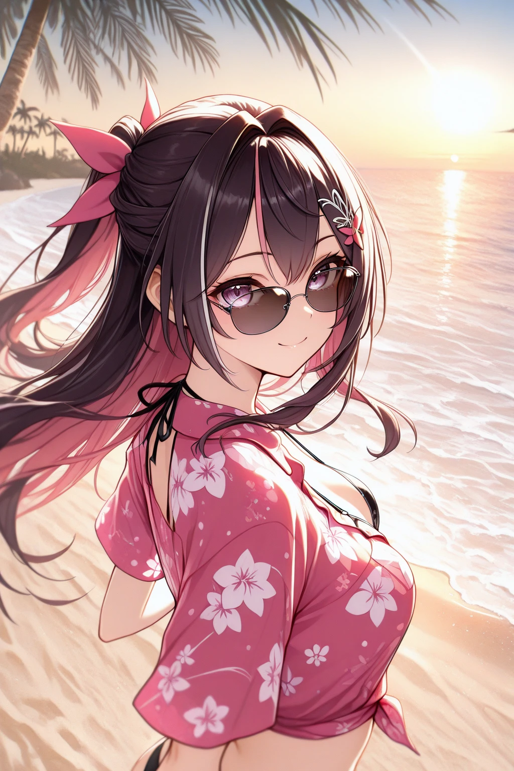 masterpiece, best quality, high quality, extremely detailed, very delicate and beautiful, (1 female 18 years old solo:1.5), (long black hair up to waist with two side up:1.5), bangs to eyebrows, eyes (eyes sharp, strong, glossy, glossy eyebrows), (eye color magenta:1.3), 6.5 head height, (bikini swimsuit summer flower print:1.3), ruffled, (smiling), (standing:1.3), (dynamic pose), (background waterfall forest:1.3) ,(sunset:1.3), (upper body:1.3)