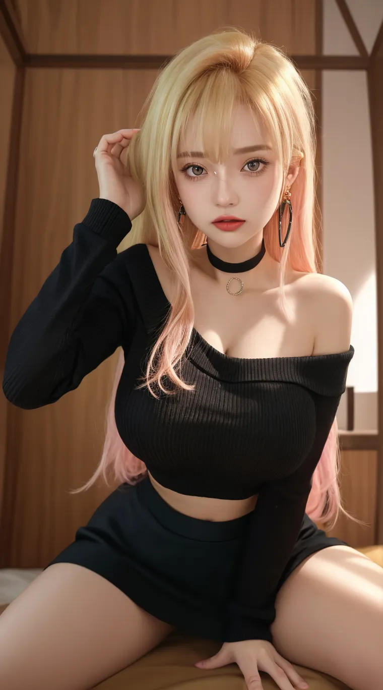 (8K、Raw photo、Highest quality、masterpiece:1.2)、(Realistic、Photorealistic:1.37)、Ultra-detailed、Ultra-high resolution、Beautiful and well-proportioned face、(((full body)))、(((skirt, hands on knees, open legs,
)))、(((wavy hair、blondhair, lightpink streaked hair)))、(((gigantic breasts)))、Asian,Gal,model, , (((micro mini length skirt)))、Lip gloss（Wet lips）、Sunburned skin,Beautifully detailed skin、Skin Texture、　Professional Lighting、Sexy　Sexy pose　background:Lounge