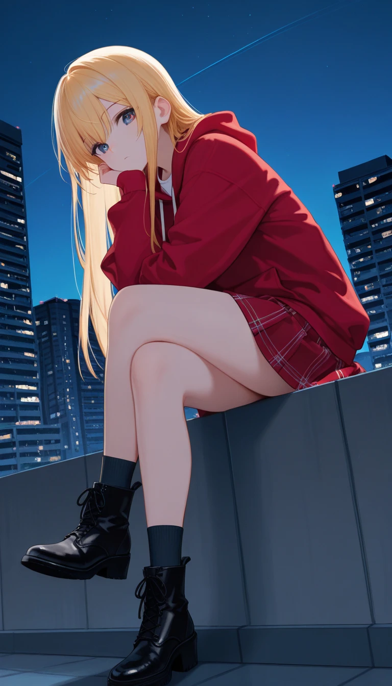 masterpiece, best quality, highres, blue eyes, serena \(pokemon\), 1girl, solo, thighhighs, long hair, hat, jewelry, bracelet, black thighhighs, collared shirt, pleated skirt, red skirt, sleeveless, high-waist skirt, sleeveless shirt, eyelashes, pink headwear, black shirt, eyewear on headwear, (full body:1.5), giantess, smile, (from below:1.5), (thick thighs:1.3), looking down at viewer, , character_pokemon_serena, gts, (:1.3), field, (looming:1.3), mature female, high quality, hd quality, masterpiece, photorealistic, stepping, shoe soles, close-up foot, intense angle, :), (sitting on building:1.6), very low angle, female pervert, toragao, licking lips, licking own lips, smile, gtscity,