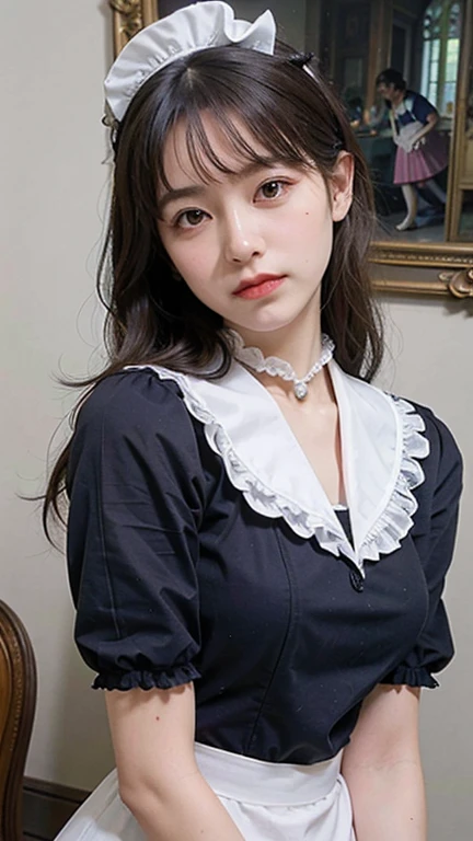 (beauty girl, delicate girl:1.3), (20 years old:1.3),
break, (cute maid uniform, ruffle blouse, pink ribbon tie, skirt:1.2),
break, (maid cafe:1.2),
break, very fine eyes, (symmetrical eyes:1.3),
break, (huge breasts:1.2), brown eyes, parted bangs, brown hair, Voluptuous things,
break, (eyes and faces with detailed:1.0),
break, (masterpiece, best quality, ultra detailed, detailed face, 8k)