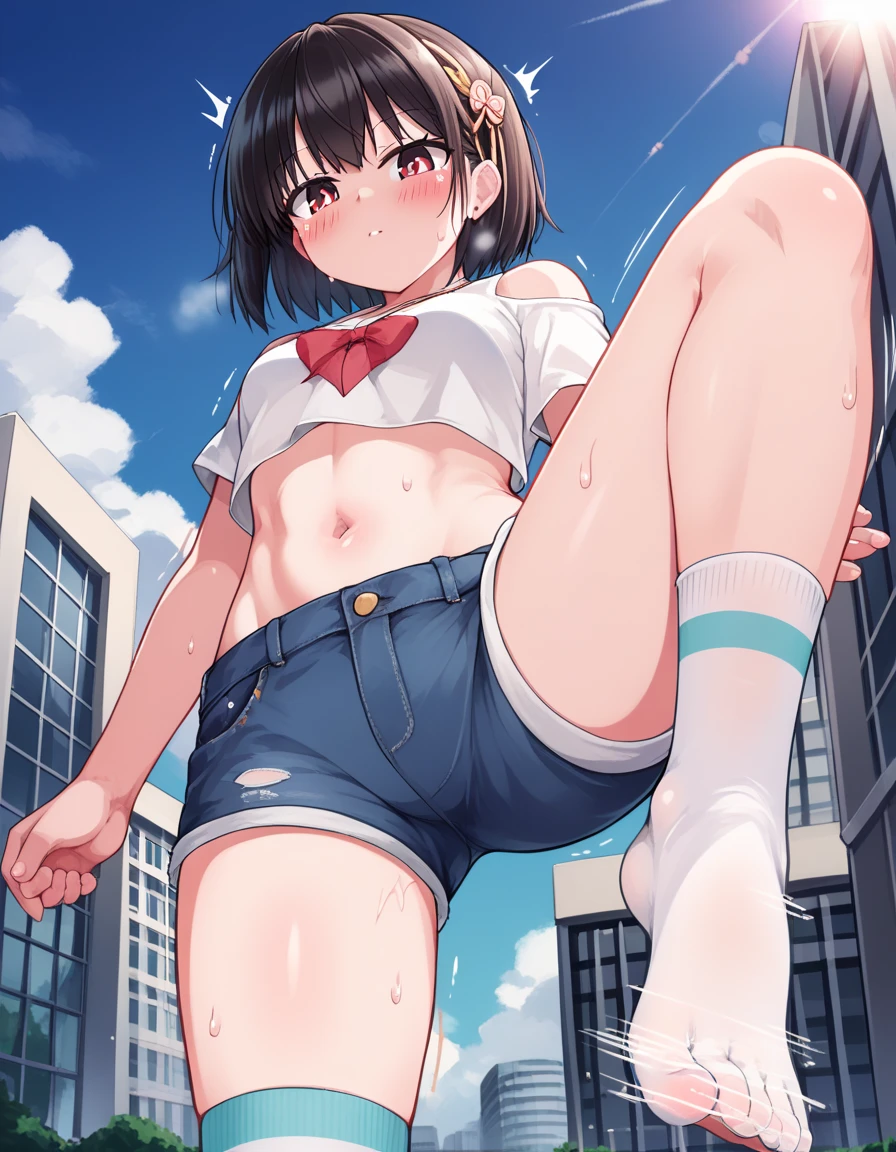 One girl,((Nozomi)),smile、Gentle expression、Welcome、The whole body is shown、blue sky、rooftop、uniform、skirt、panty shot,upskirt,Sexy pose、Cute Panties、from below,A complete depiction of the human body,masterpiece, Highest quality, Game CG, ultra detailed、highres、extremely detailed CG